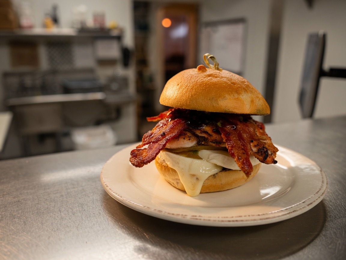 Grilled chicken sandwich with bacon and melted cheese