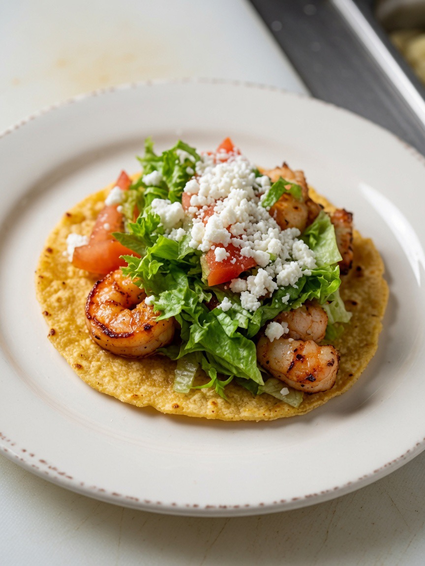 Shrimp tostada with lettuce, tomato and cotija